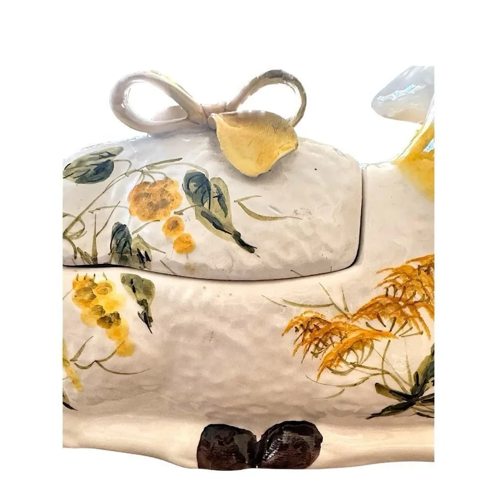 Vintage Italian Lamb Soup Tureen,Spoon Hand-Painted Yellow Mimosa Mid-Century